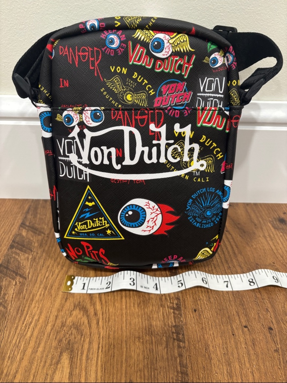 Von Dutch Black Flying Eyeball Graphic Logo Mini Crossbody Bag - Picture 6 of 8